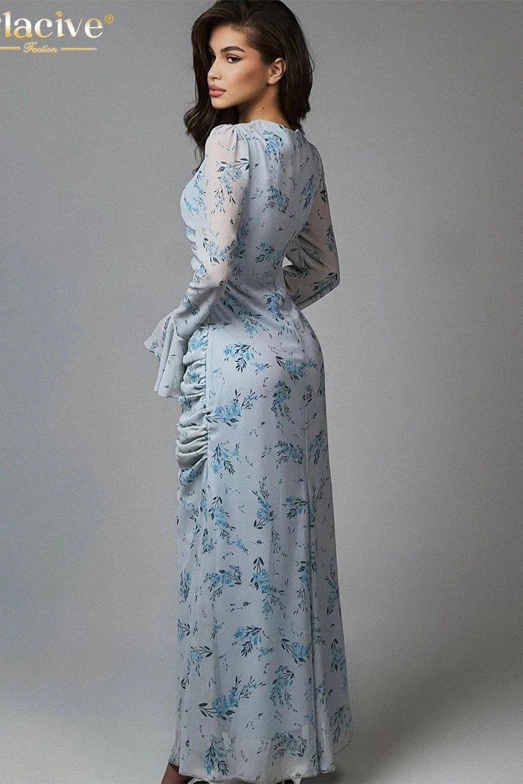 Print O-Neck Long Sleeve Maxi Dress