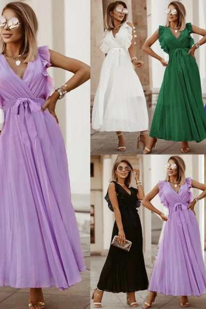 Leaf Sleeve Belt V-Neck Pleated Maxi Dress