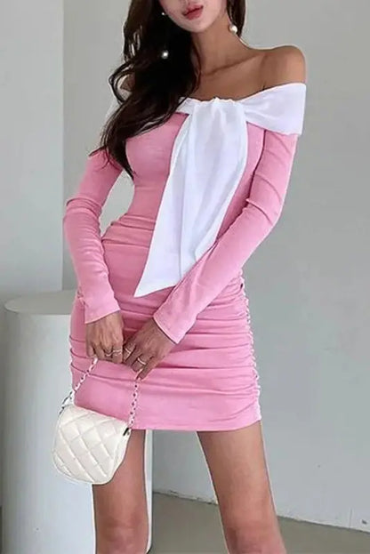 Off Shoulder Splice Bow Bodycon Mini Dress