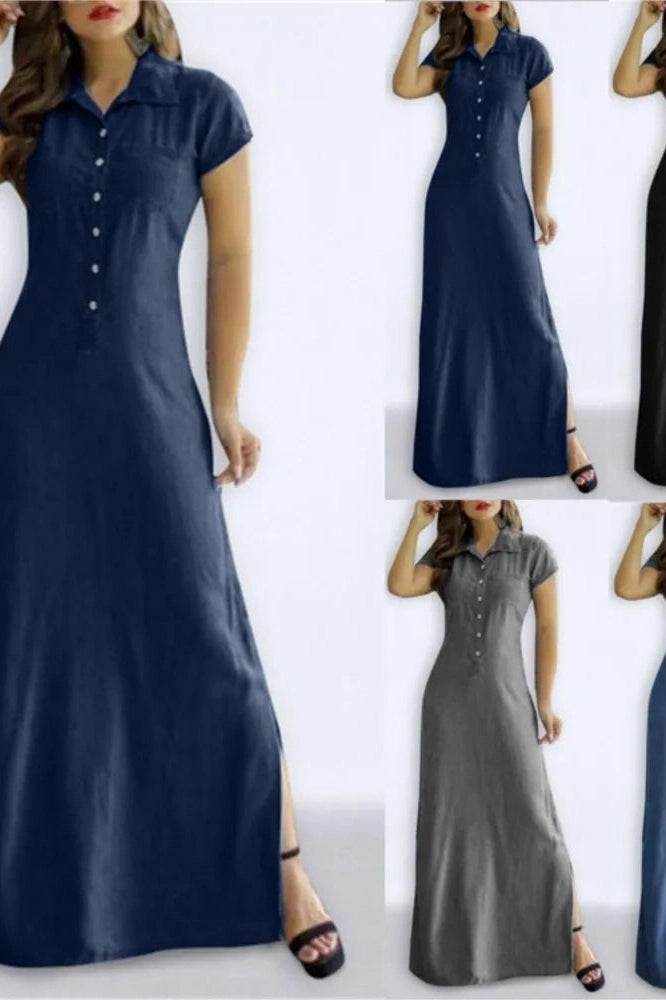 Turn-Down Collar Pocket Button Maxi Dress