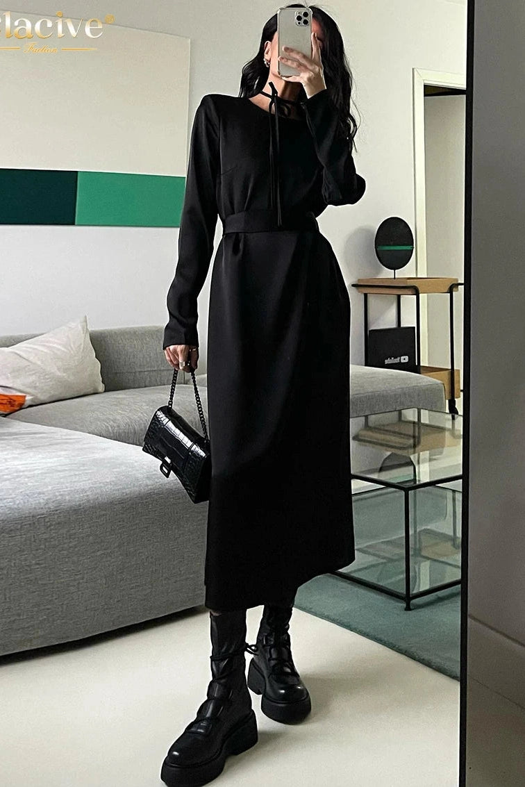 Elegant O-Neck Long Sleeve Midi Dress