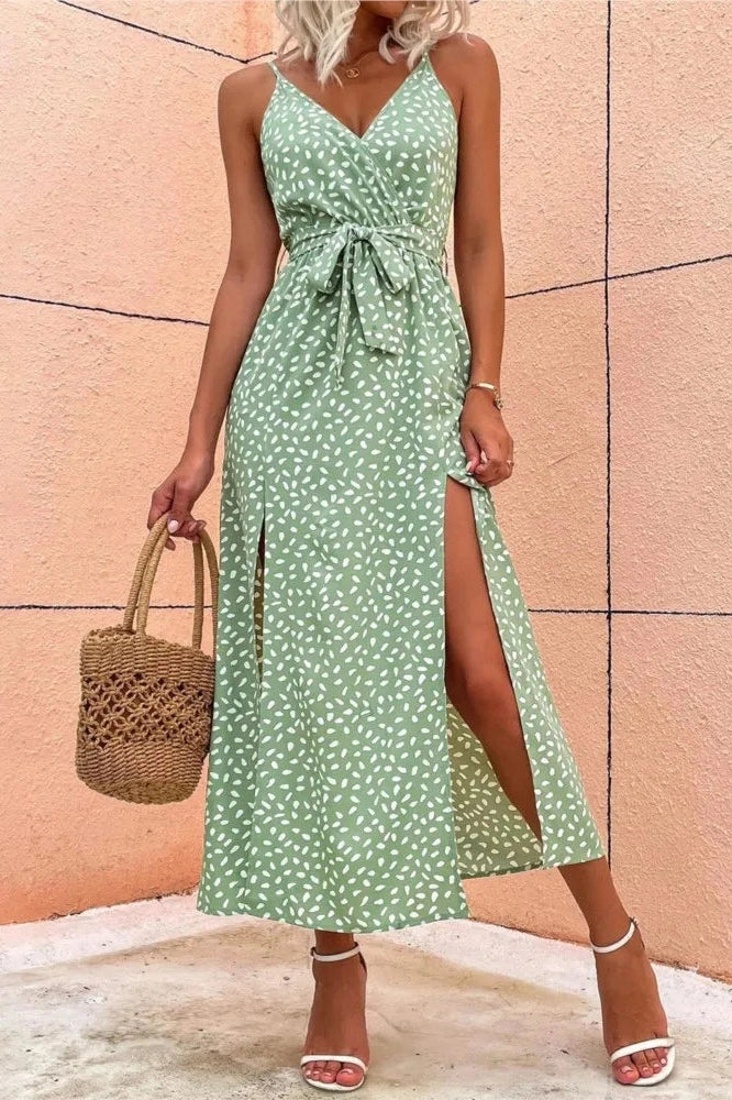 Deep V-Neck Backless Printed Maxi Dress