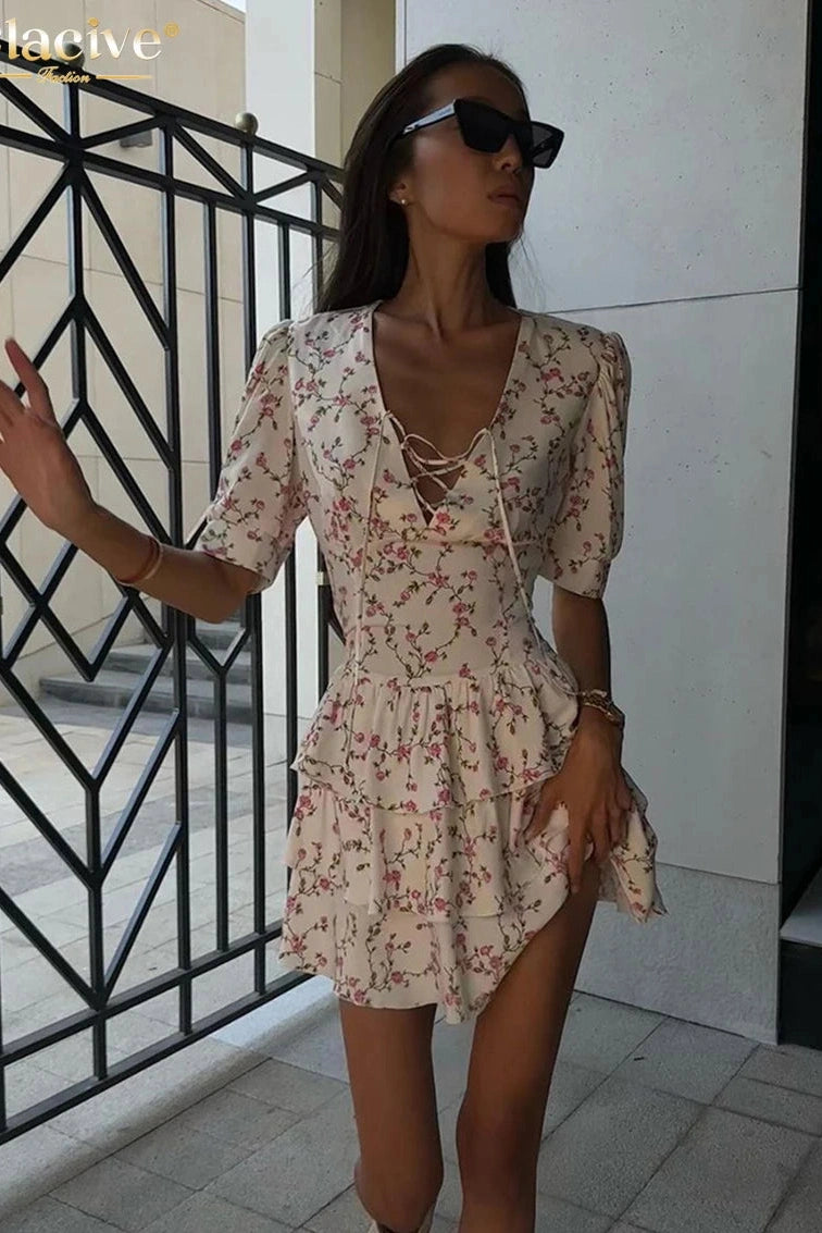 Print V-Neck Short Sleeve Mini Dress