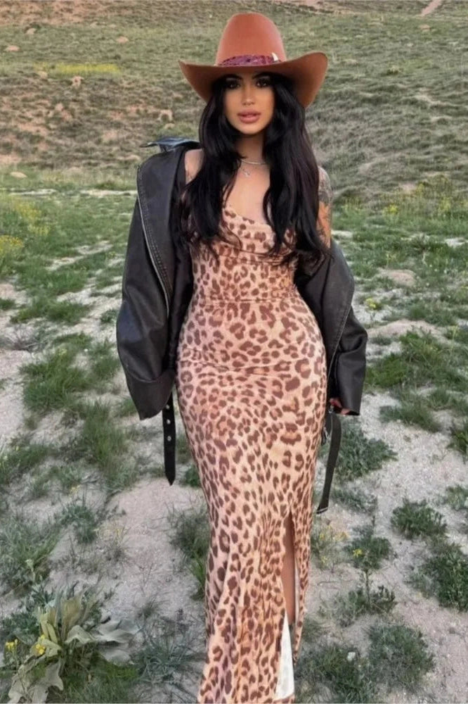 Leopard Print Backless Maxi Dress