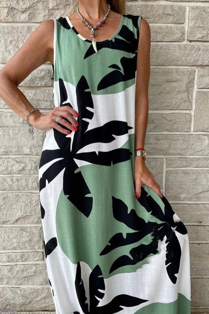 Elegant O-Neck Sleeveless Printed Maxi Dress