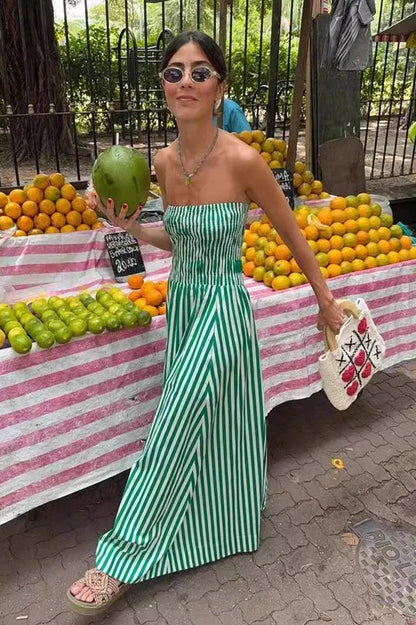 Elegant Striped Strapless Maxi Dress