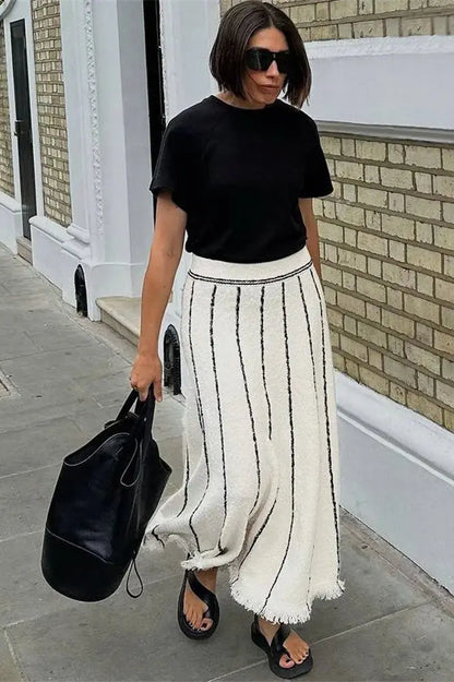 Elegant Striped Knit High Waist Maxi Skirt