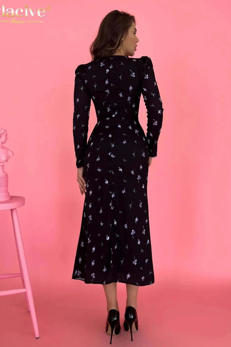 Square Collar Long Sleeve Maxi Dress