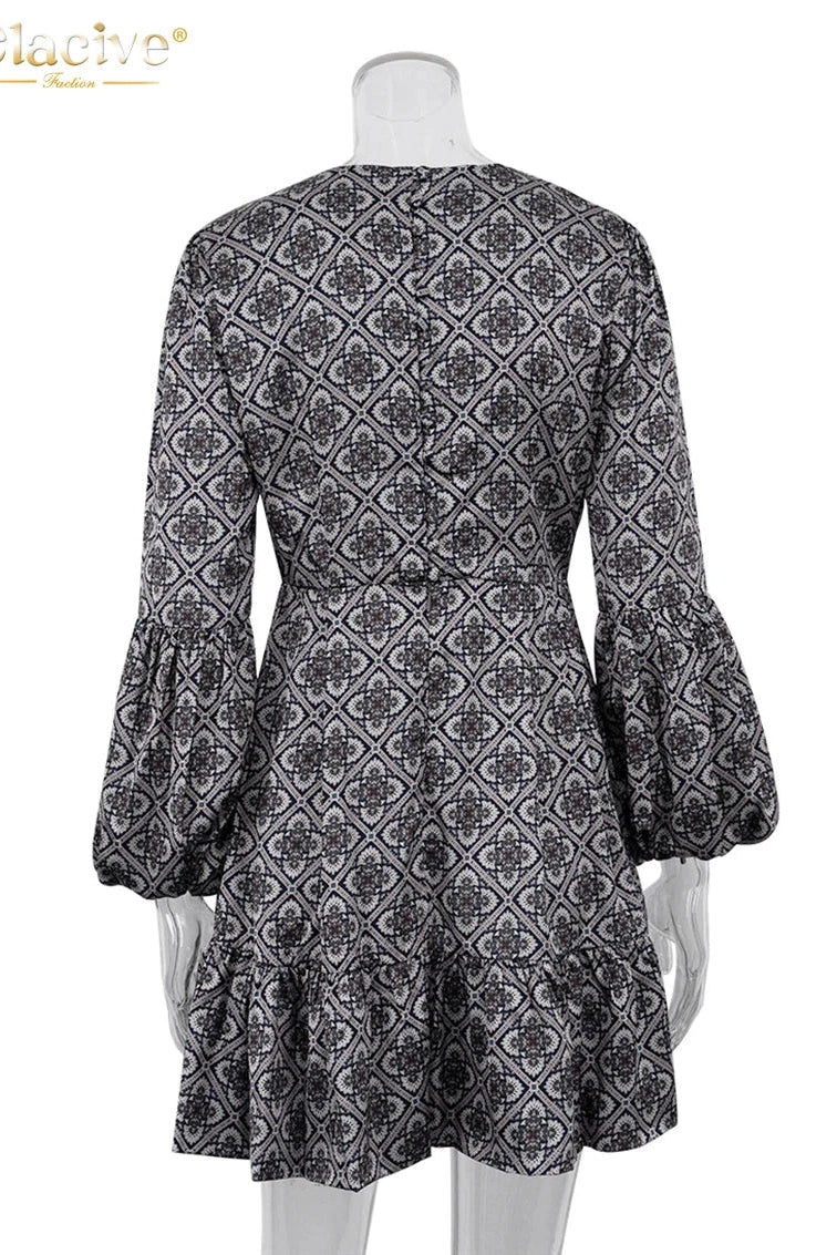 Print O-Neck Puff Sleeve Mini Dress