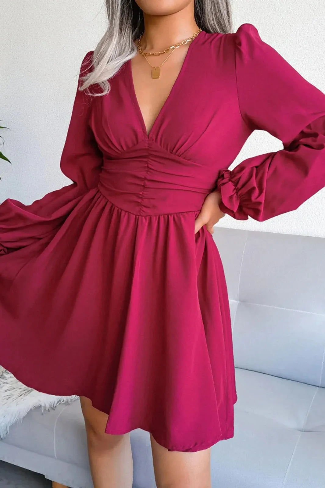 V-Neck Long Sleeves Pleated Short Dress