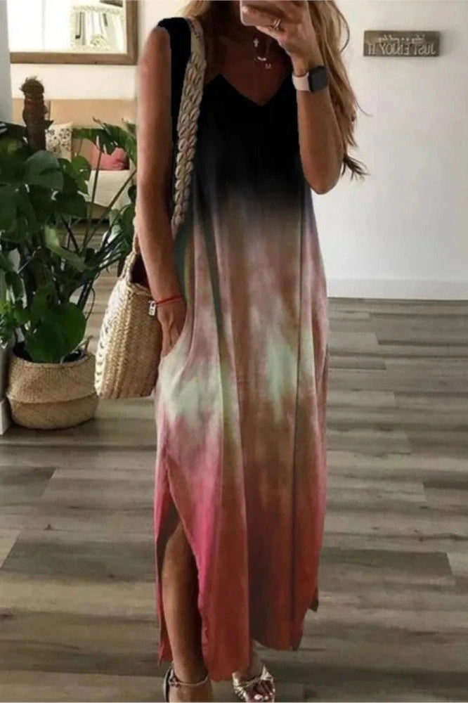 Printed Sleeveless V-Neck Maxi Dress