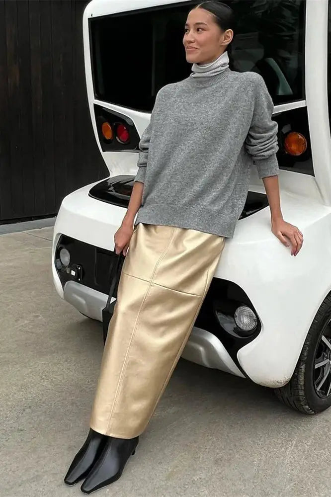 PU Metallic High-Waist Maxi Skirt