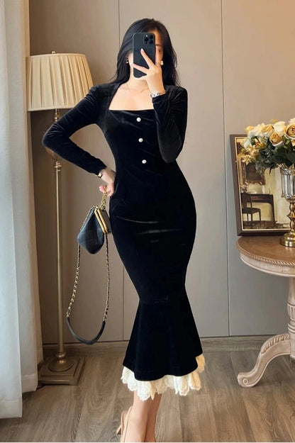 Elegant Velvet Bodycon Midi Dress