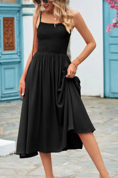 Square Neck Pleated Midi Dress