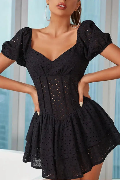 See-Through Hollow Out Puff Sleeve Mini Dress