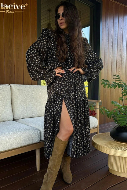 Print O-Neck Long Sleeve Midi Dress