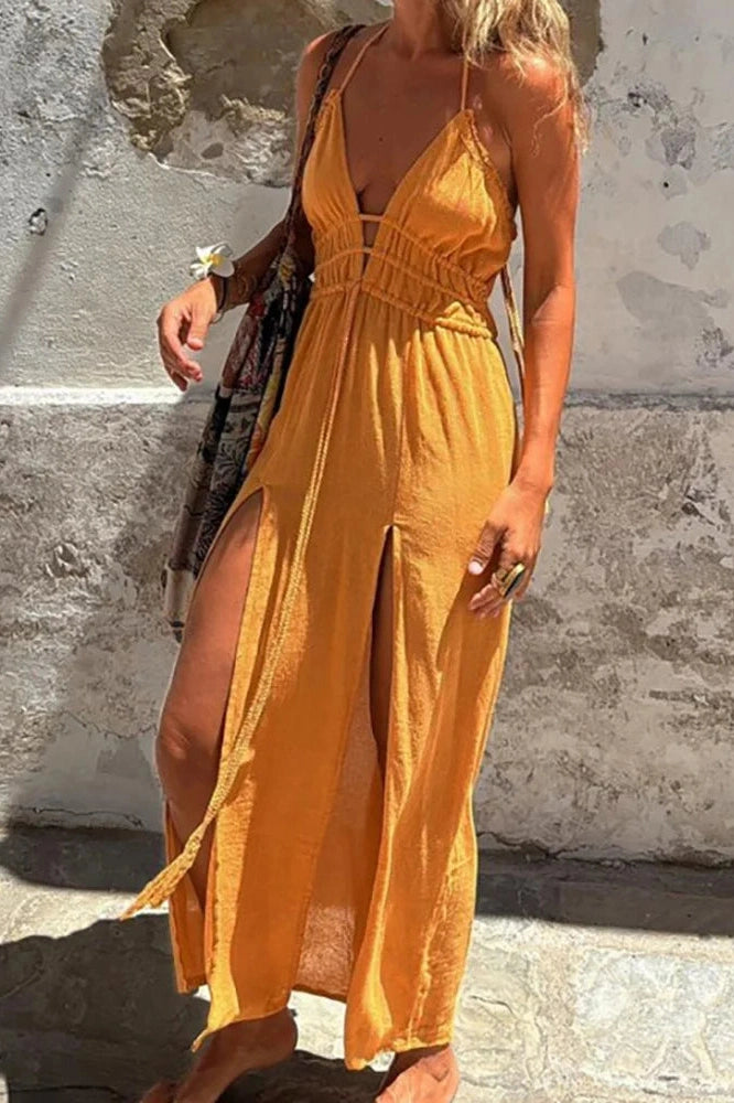 Sleeveless Deep V-Neck Maxi Dress