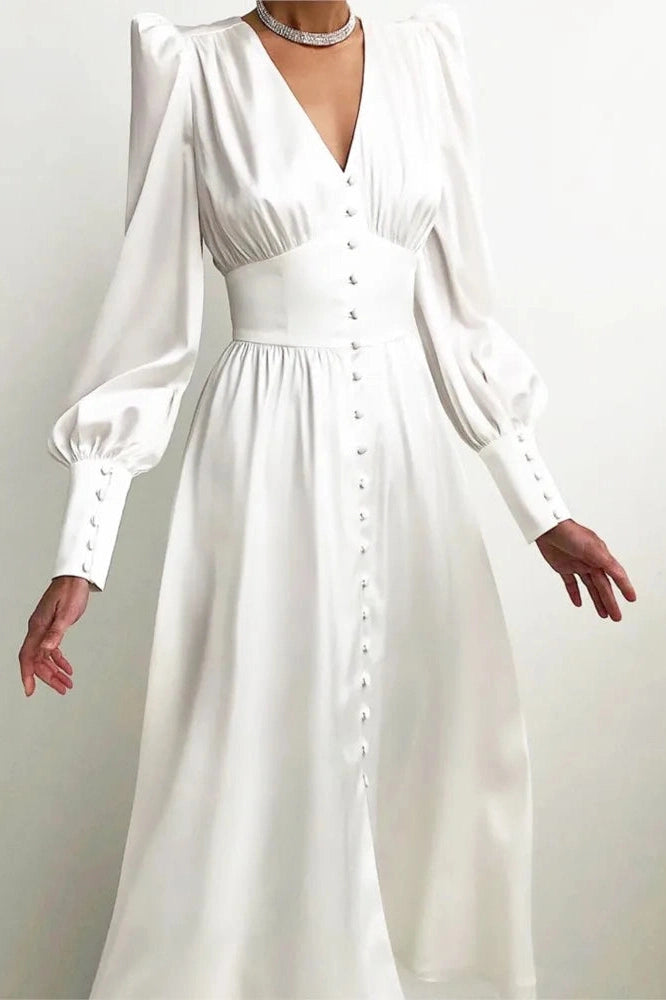 V-Neck Lantern Sleeve Midi Dress