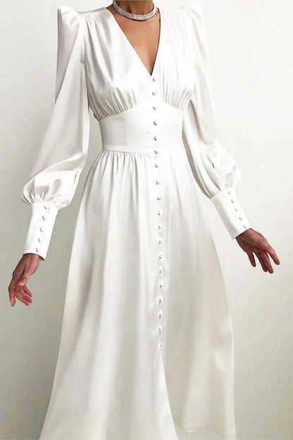 V-Neck Lantern Sleeve Midi Dress