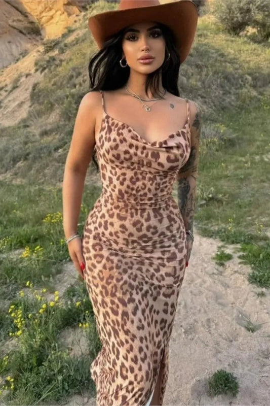 Leopard Print Backless Maxi Dress