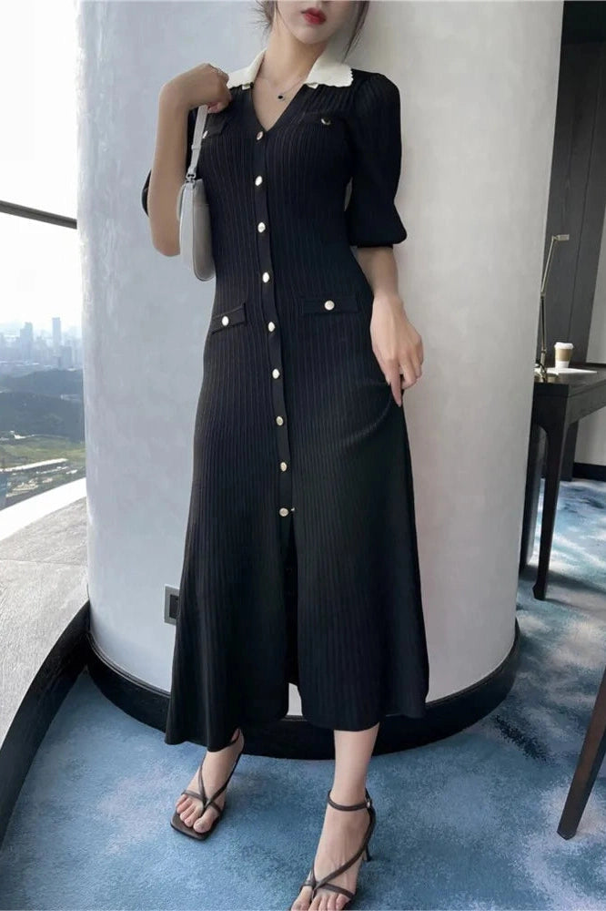 Elegant V-Neck Puff Sleeve Midi Dress