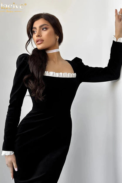 Square Collar Long Sleeve Midi Dress