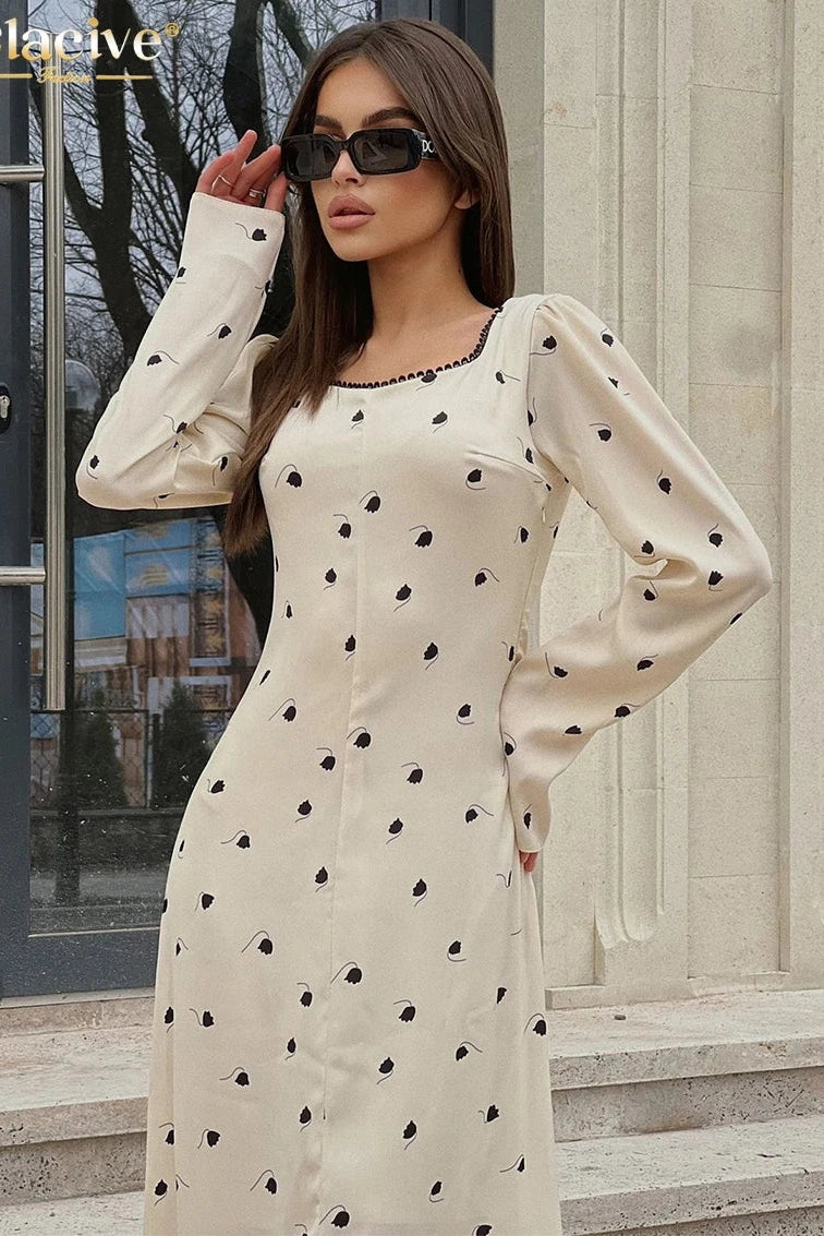 Square Collar Long Sleeve Maxi Dress