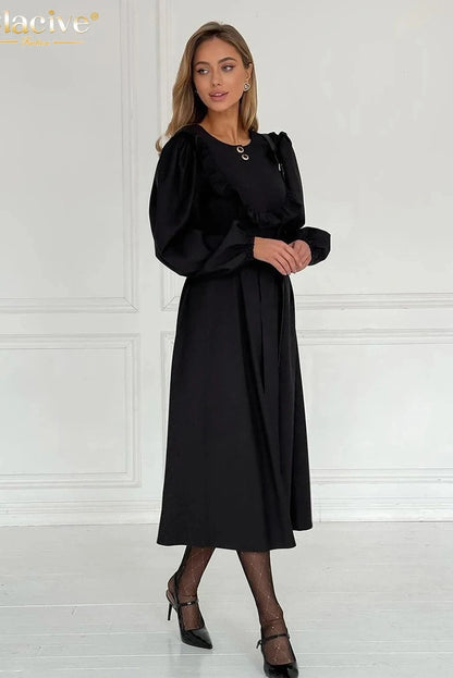 O-Neck Long Sleeve Midi Dress