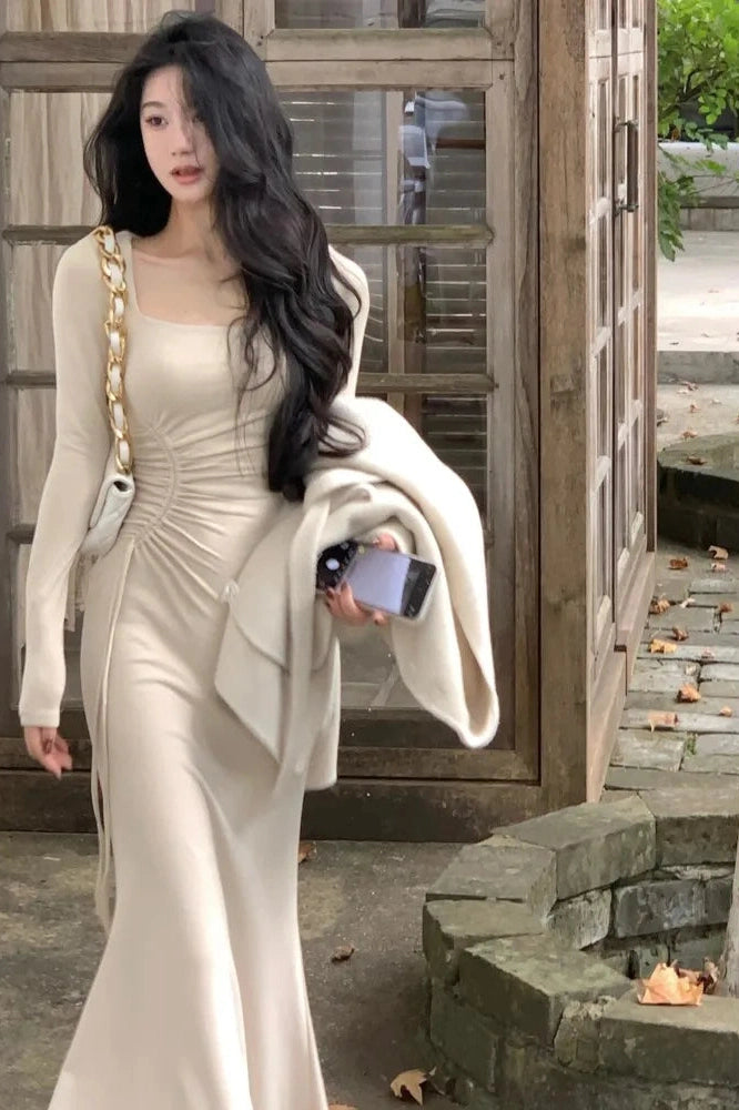 Elegant Long Sleeve Square Collar Maxi Dress