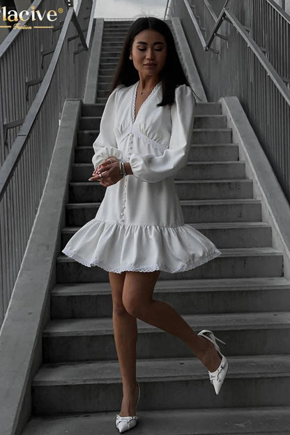 V-Neck Long Sleeve Mini Dress