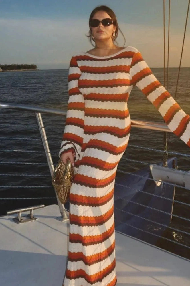 Elegant Long Sleeve Striped Maxi Dress