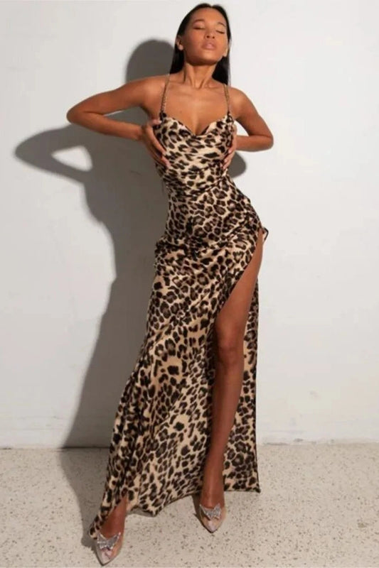 Leopard Print Metal Chain Maxi Dress