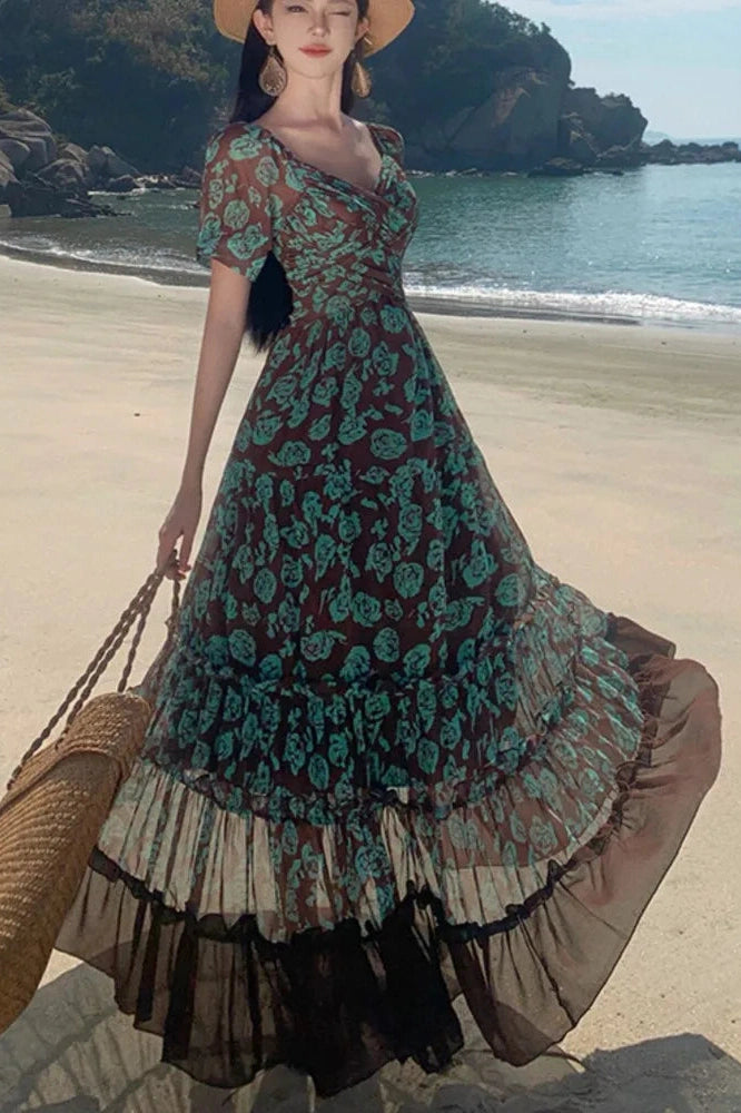 Floral Printed V-Neck Maxi Dress