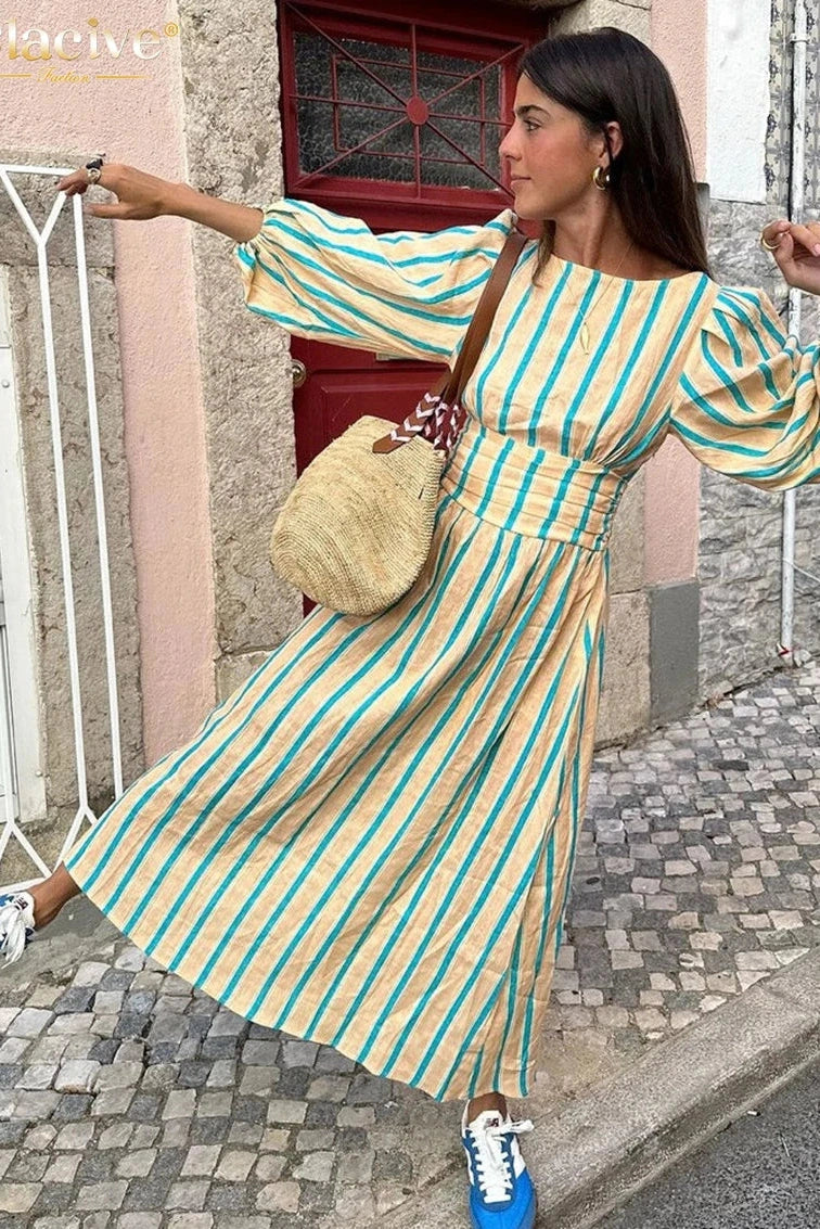 Print O-Neck Puff Sleeve Maxi Dress