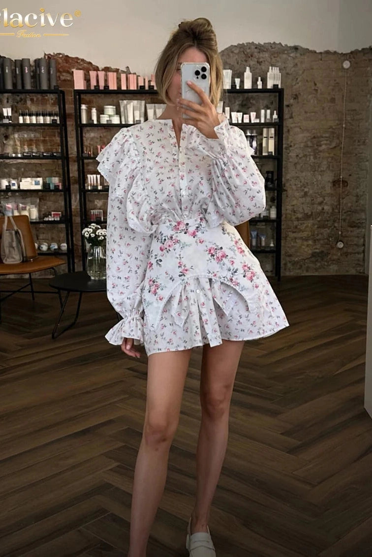 Print O-Neck Long Sleeve Mini Dress