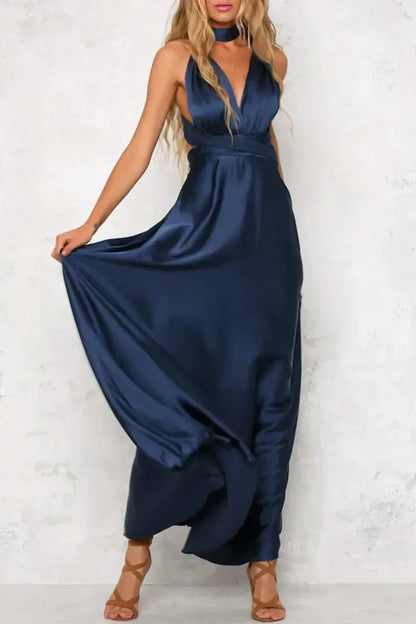 Elegant Satin V-Neck Sleeveless Open Back Strap Maxi Dress