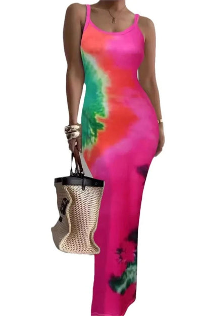 Printed Spaghetti Strap Bodycon Maxi Dress