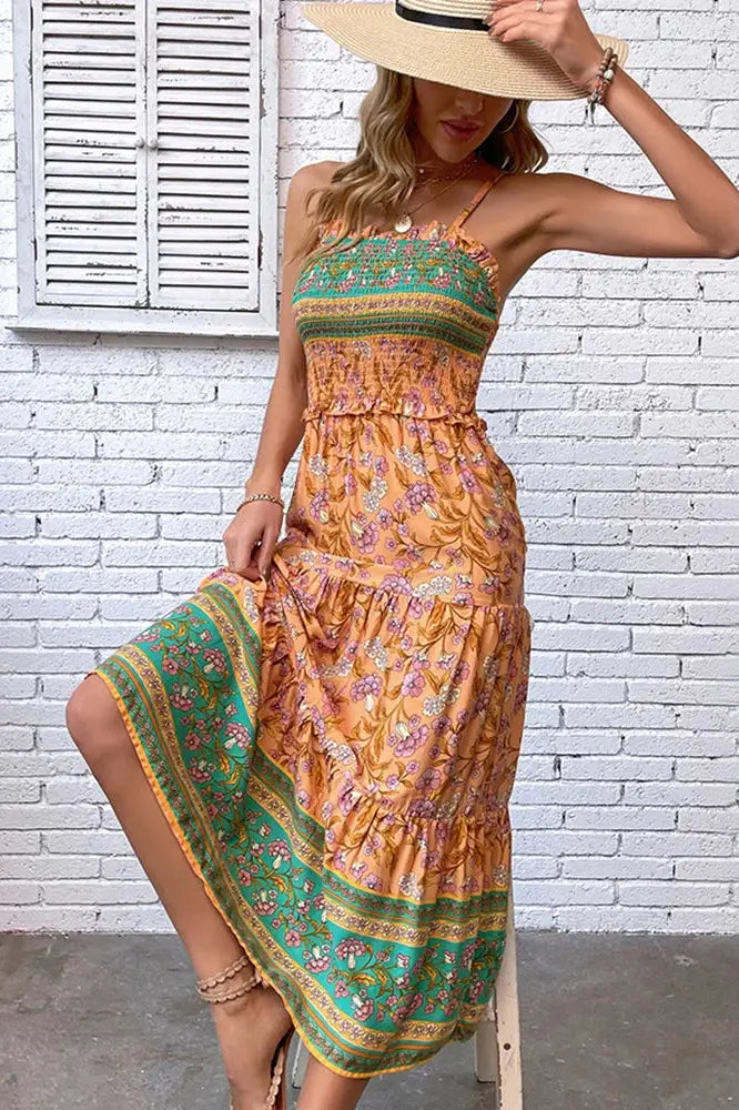 Boho Style Floral Printed Backless Maxi Dress