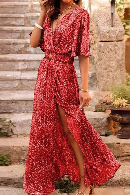 Deep V-Neck Half Sleeve Maxi Dress