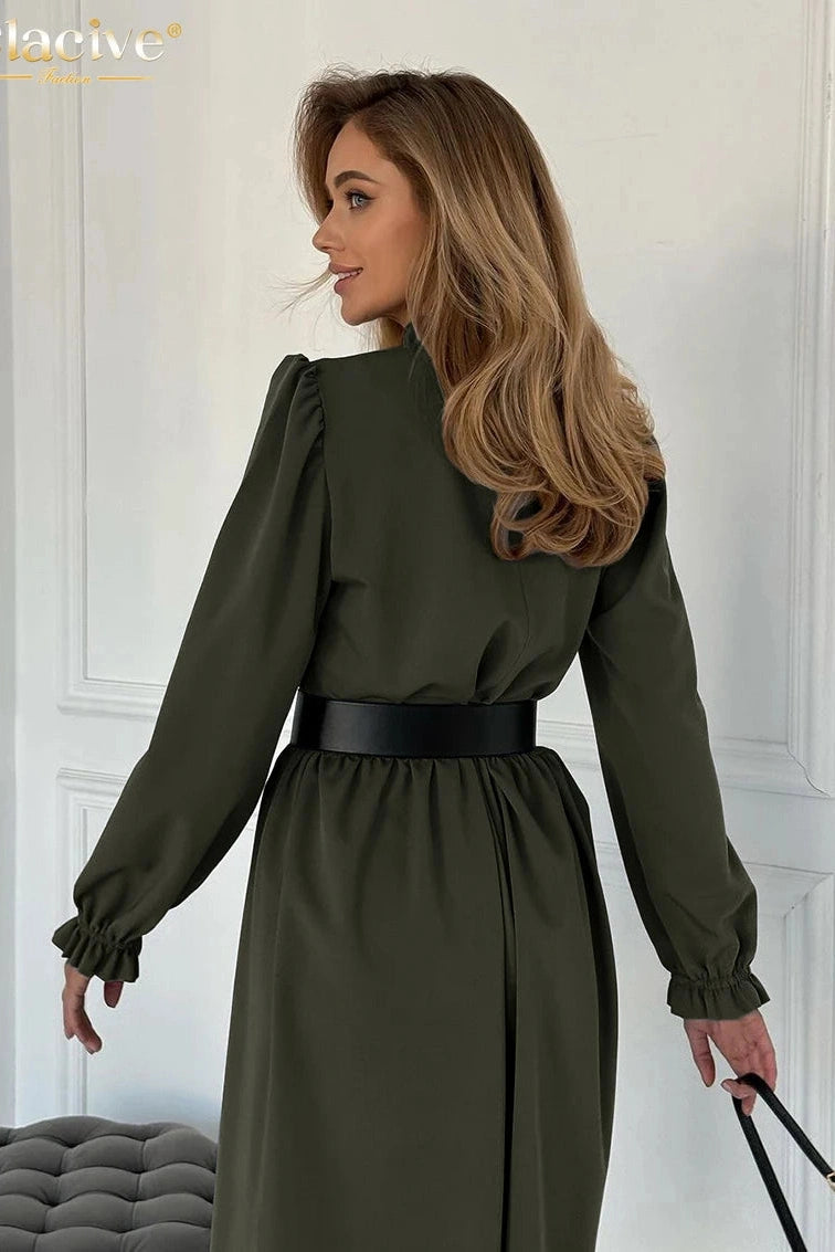 O-Neck Long Sleeve Midi Dress