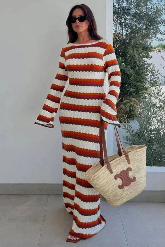 Elegant Long Sleeve Striped Maxi Dress