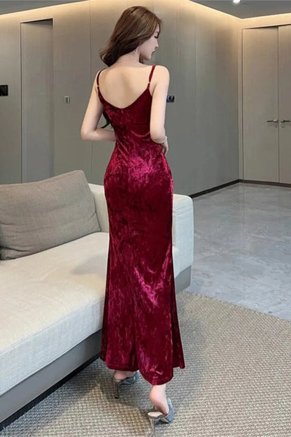 Spaghetti Strap Velvet Maxi Dress