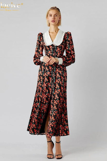 Print  Long Sleeve Midi Dress