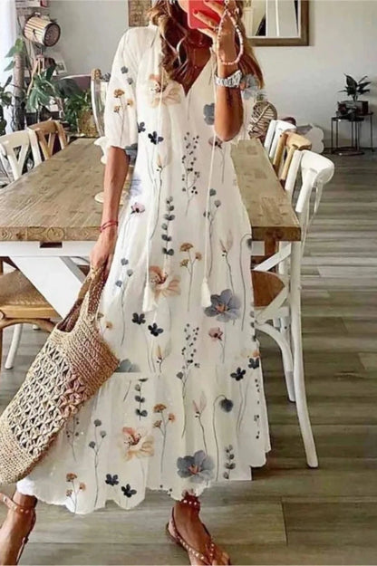 Printed V-Neck Half-Sleeve Maxi Dress