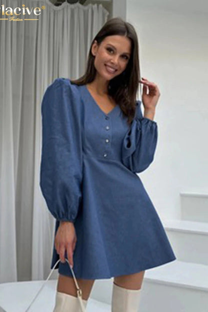 V-Neck Long Sleeve Mini Dress