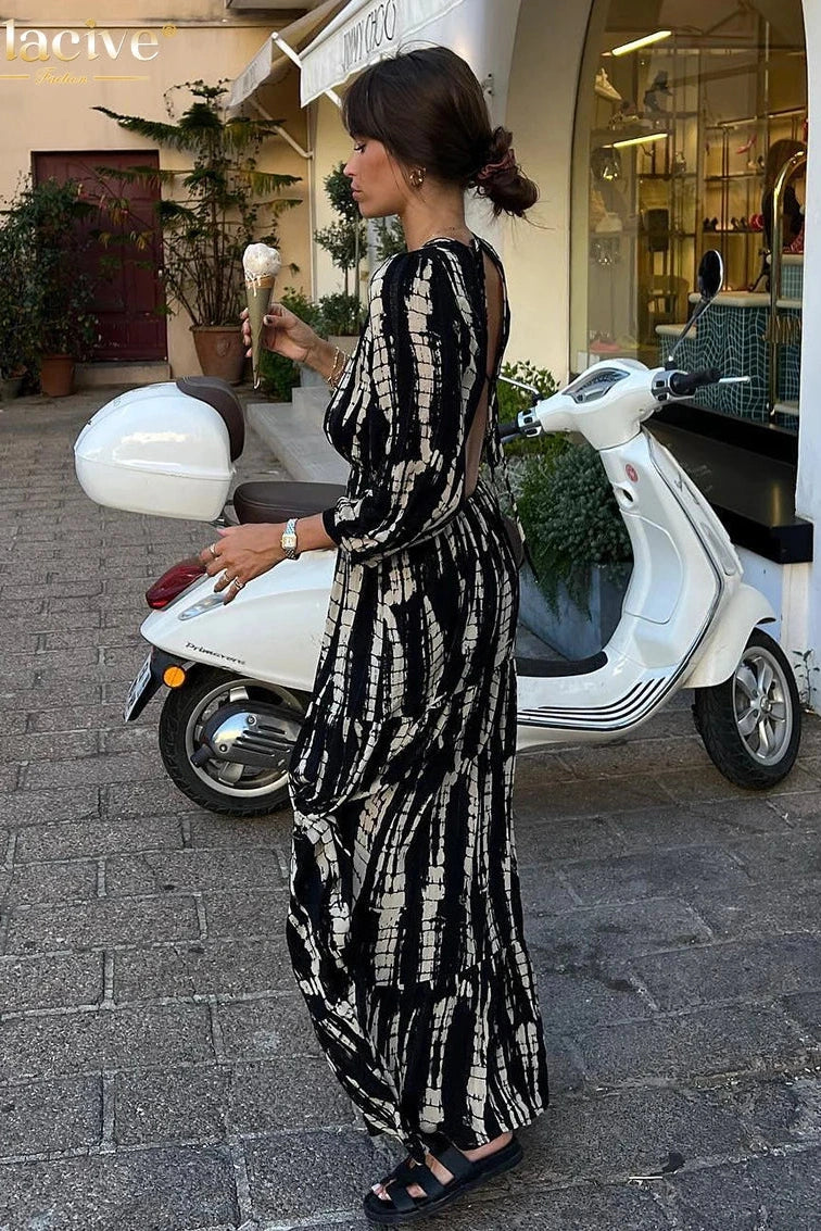 Print V-Neck Long Sleeve Maxi Dress