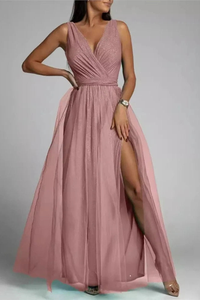 Elegant V-Neck Lace-Up Maxi Dress