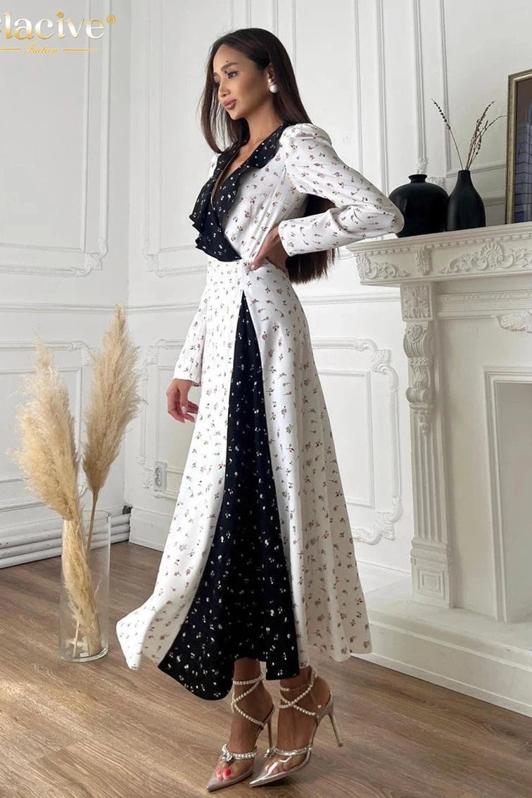 Print Patchwork Long Sleeve Midi Dress