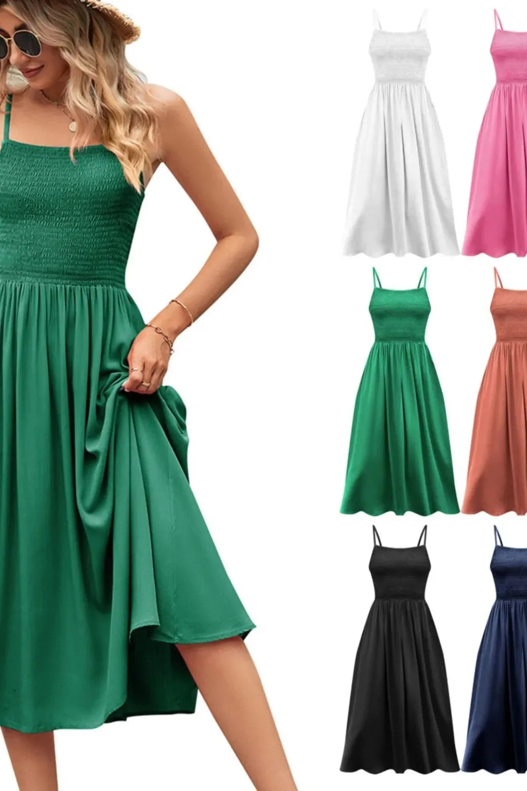 Square Neck Pleated Midi Dress