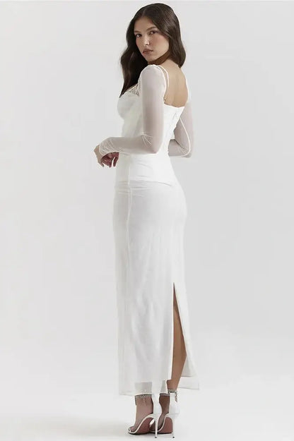 Sultry Sheer Mesh Strapless Backless Long Sleeve Maxi Dress